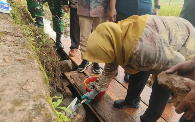 Bupati Ratnawati Letakkan Batu Pertama Rehabilitasi Irigasi Kelompok Tani Bondu di Desa Arabika